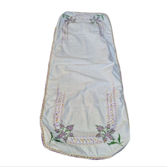 Vtg Hand Embroidered Flowers Crochet Edge Dresser Scarf Table Runner 15x40" - Picture 2 of 7